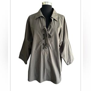 AKRIS PUNTO Tunic Top Womens 16 Taupe GREEN 3/4 SLEEVES COLLAR NECK Oversized